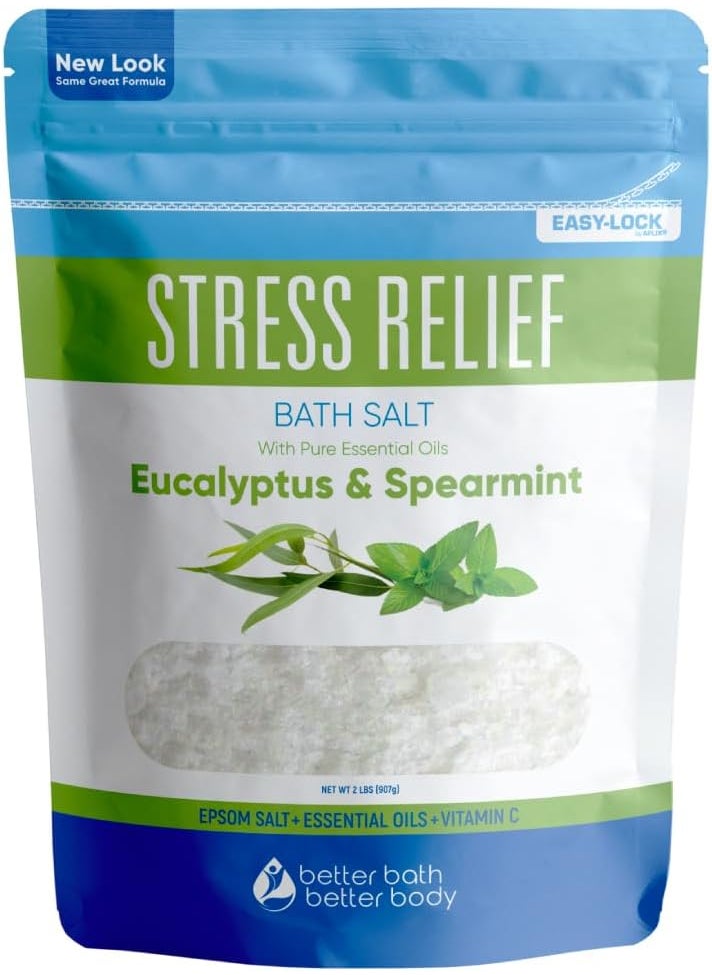 Better Bath Better Body Stress Relief Bath Salt 32 Ounces 2 Lbs USP Grade Epsom Salt with Natural Spearmint and Eucalyptus Essential Oils Plus Vitamin C in BPA Free Pouch with Easy Press Lock Seal Made in USA 