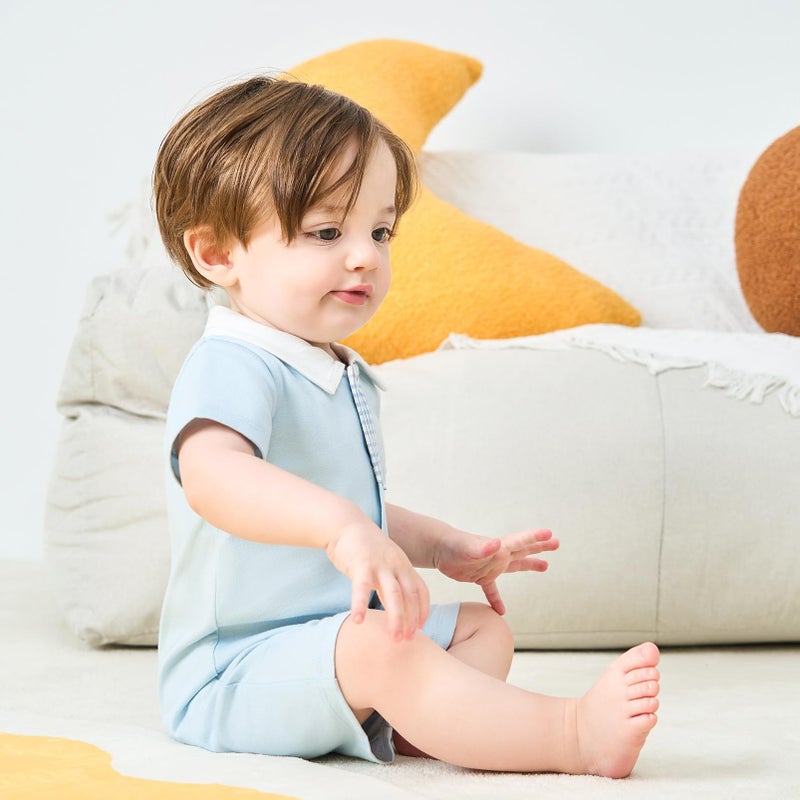 PureBorn بدلة رومبر للأطفال الأولاد من بيوربورن قطعة واحدة ياقة مدببة أكمام قصيرة 9-12 شهر أزرق - Image 2