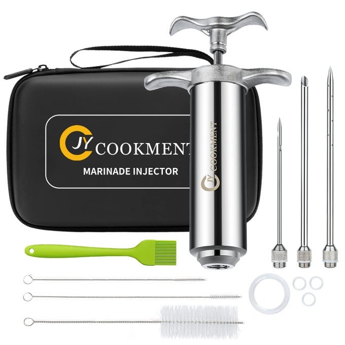 MEAT INJECTOR SYRINGE 2OZ MARINADE FLAVOR BARREL 304 STAINLESS STEEL WITH 3 MARINADE NEEDLES TRAVEL CASE FOR BBQ GRILL SMOKER TURKEY BRISKET PAPER INSTRUCTION AND EBOOK INCLUDED BY