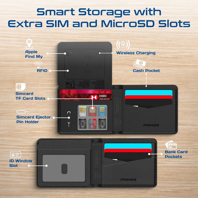 Promate ProWallet Anti-Loss Leather Wallet with Apple Find My, Wireless Charging, RFID Protection, Built-in Speaker, Bluetooth 5.2, Slim Design, SIM/MicroSD Slots, 6 Month Battery Life Black - Image 4