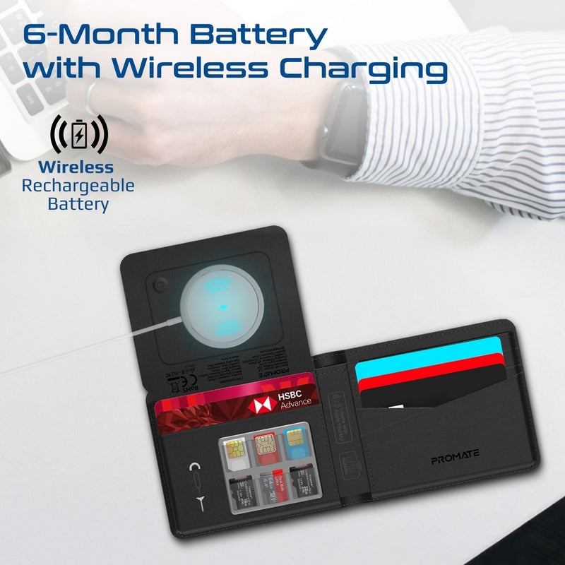 Promate ProWallet Anti-Loss Leather Wallet with Apple Find My, Wireless Charging, RFID Protection, Built-in Speaker, Bluetooth 5.2, Slim Design, SIM/MicroSD Slots, 6 Month Battery Life Black - Image 5