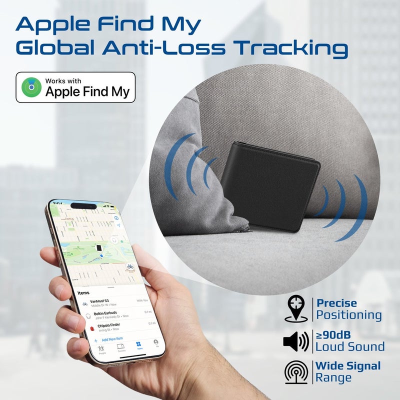Promate ProWallet Anti-Loss Leather Wallet with Apple Find My, Wireless Charging, RFID Protection, Built-in Speaker, Bluetooth 5.2, Slim Design, SIM/MicroSD Slots, 6 Month Battery Life Black - Image 2