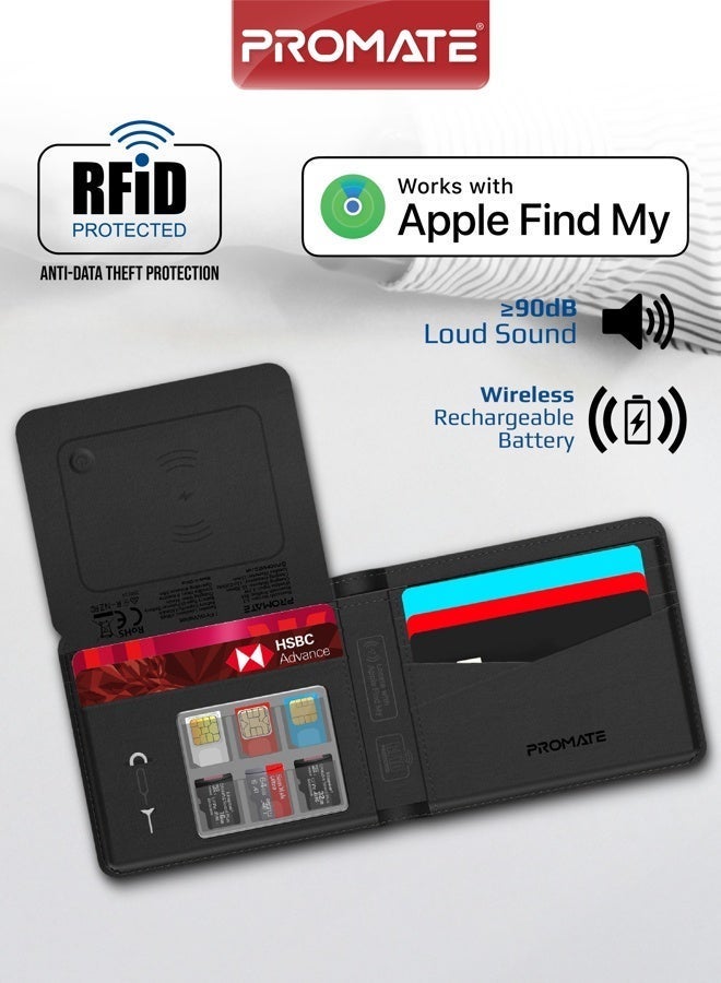 Promate ProWallet Anti-Loss Leather Wallet with Apple Find My, Wireless Charging, RFID Protection, Built-in Speaker, Bluetooth 5.2, Slim Design, SIM/MicroSD Slots, 6 Month Battery Life Black - Image 1