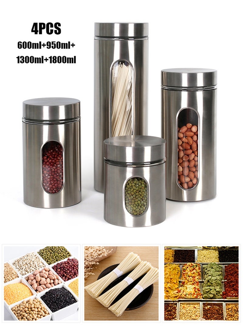 تابيت مجموعة علبة تخزين الأغذية من الفولاذ المقاوم للصدأ 4PCS ، جرة تخزين المطبخ مع نافذة زجاجية وأغطية مضادة للهواء ، جرات تخزين مضادة للهواء للقهوة والشاي والحبوب وحاويات تخزين الأغذية (600 مل + 950 مل + 1300 مل + 1800 مل)  - Image 1