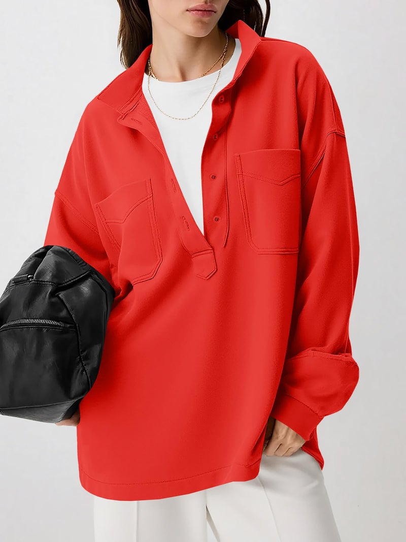 Fisoew Womens Oversized Sweatshirt Casual Long Sleeve Henley V Neck Pullover Tops Fall Outfits Clothes Red - Image 2