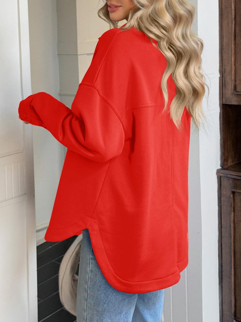 Fisoew Womens Oversized Sweatshirt Casual Long Sleeve Henley V Neck Pullover Tops Fall Outfits Clothes Red - Image 3