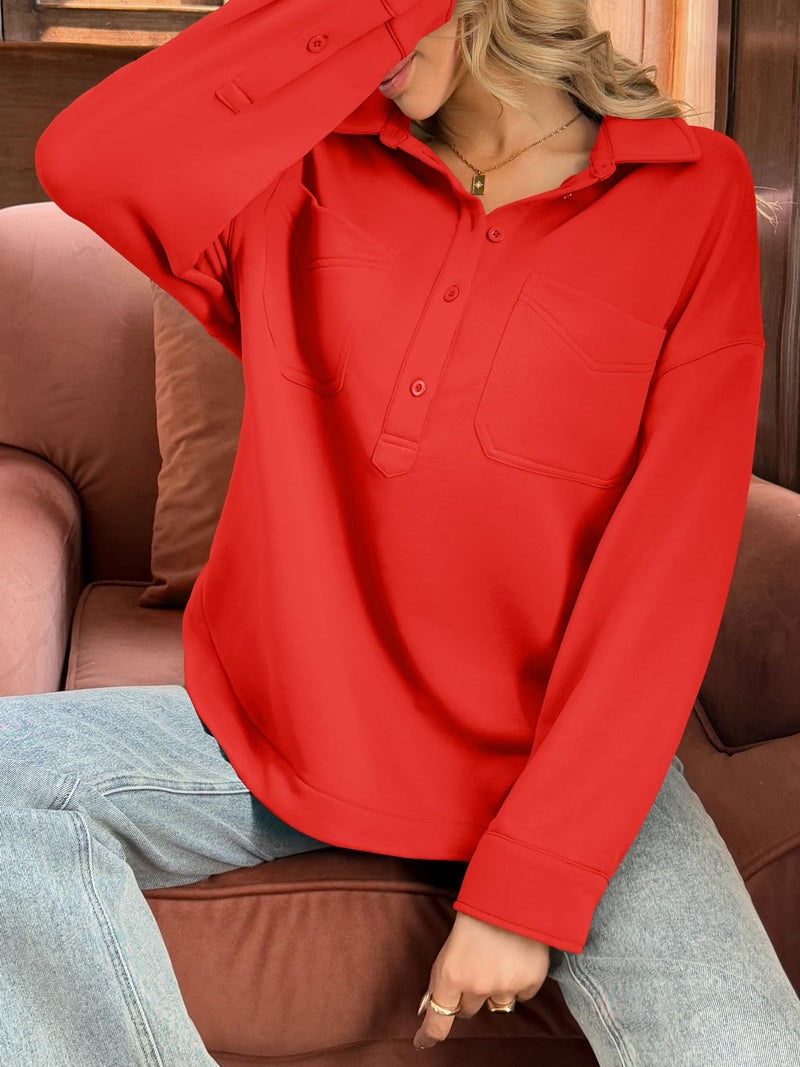 Fisoew Womens Oversized Sweatshirt Casual Long Sleeve Henley V Neck Pullover Tops Fall Outfits Clothes Red - Image 5