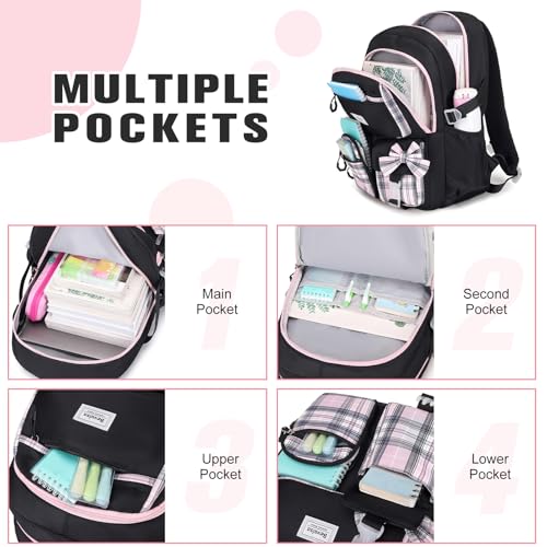 Bevalsa Backpack for Gilrs, School Bags for Kids with Lunch Bag & Pen Case, Bow Plaid Bookbag for Girls Children Teens for Elementary Middle High school College Student with USB Charging (Black Pink) - Image 3