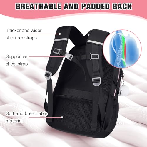 Bevalsa Backpack for Gilrs, School Bags for Kids with Lunch Bag & Pen Case, Bow Plaid Bookbag for Girls Children Teens for Elementary Middle High school College Student with USB Charging (Black Pink) - Image 5