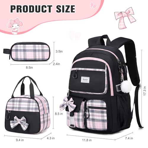 Bevalsa Backpack for Gilrs, School Bags for Kids with Lunch Bag & Pen Case, Bow Plaid Bookbag for Girls Children Teens for Elementary Middle High school College Student with USB Charging (Black Pink) - Image 2
