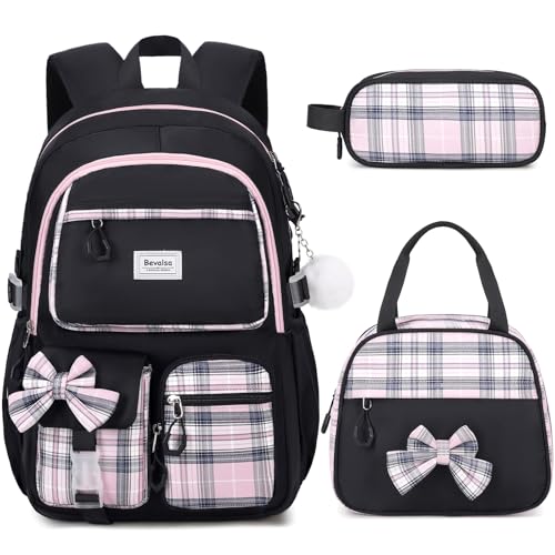 Bevalsa Backpack for Gilrs, School Bags for Kids with Lunch Bag & Pen Case, Bow Plaid Bookbag for Girls Children Teens for Elementary Middle High school College Student with USB Charging (Black Pink) - Image 1