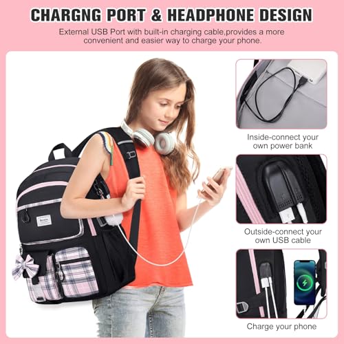 Bevalsa Backpack for Gilrs, School Bags for Kids with Lunch Bag & Pen Case, Bow Plaid Bookbag for Girls Children Teens for Elementary Middle High school College Student with USB Charging (Black Pink) - Image 4