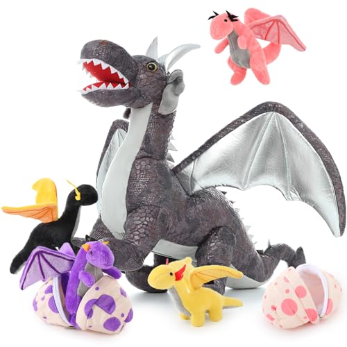 MaoGoLan 7 Pcs Dragon Plush Toy Set for Kid, 22 inch, Large Dragon Stuffed Animal with 4 Babies and 2 Eggs in Mom's Belly,Dinosaur Plush Gifts for Boy Girl Birthday Christmas Party Decor Gray - Image 1