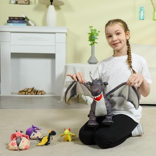 MaoGoLan 7 Pcs Dragon Plush Toy Set for Kid, 22 inch, Large Dragon Stuffed Animal with 4 Babies and 2 Eggs in Mom's Belly,Dinosaur Plush Gifts for Boy Girl Birthday Christmas Party Decor Gray - Image 2