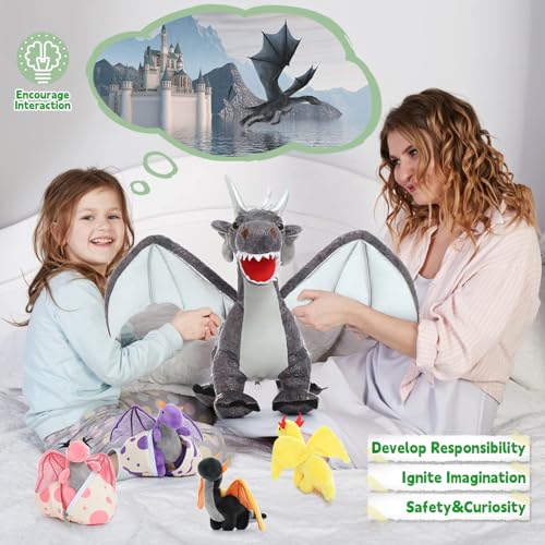 MaoGoLan 7 Pcs Dragon Plush Toy Set for Kid, 22 inch, Large Dragon Stuffed Animal with 4 Babies and 2 Eggs in Mom's Belly,Dinosaur Plush Gifts for Boy Girl Birthday Christmas Party Decor Gray - Image 4