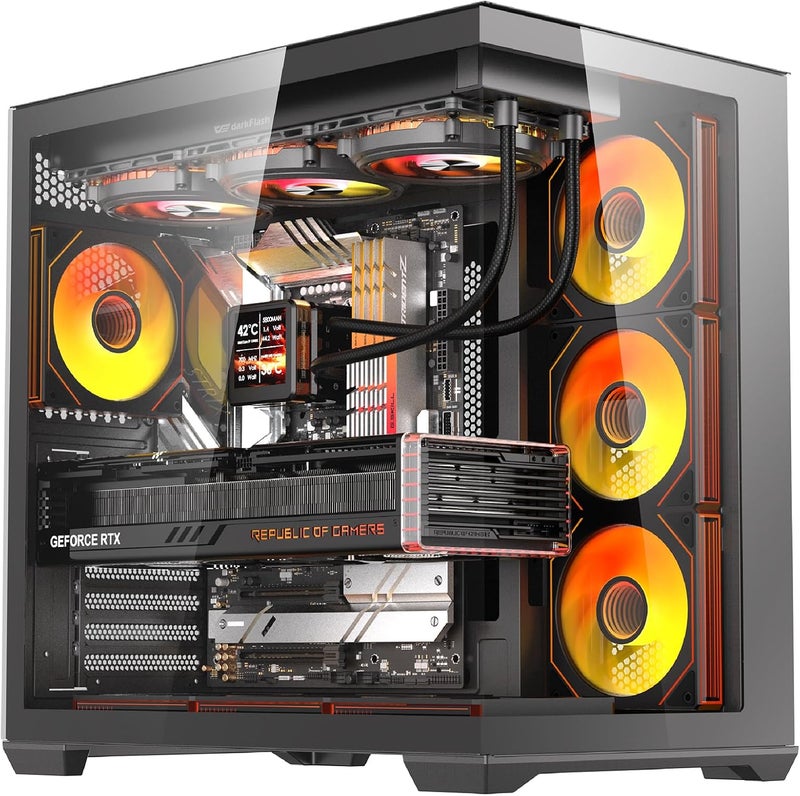 خزانة ألعاب كمبيوتر من نوع darkFlash C280 E-ATX متوسطة الحجم، تحتوي على 7 مراوح ARGB، زجاج مقوى بزاوية 270 درجة، متوافقة مع اللوحات الأم ذات التوصيل العكسي، تدعم كرت الشاشة RTX 5090 بطول يصل إلى 420 مم، تدعم المراوح ذات الحجم 360 مم، لون أسود. - Image 1