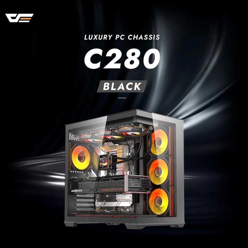 خزانة ألعاب كمبيوتر من نوع darkFlash C280 E-ATX متوسطة الحجم، تحتوي على 7 مراوح ARGB، زجاج مقوى بزاوية 270 درجة، متوافقة مع اللوحات الأم ذات التوصيل العكسي، تدعم كرت الشاشة RTX 5090 بطول يصل إلى 420 مم، تدعم المراوح ذات الحجم 360 مم، لون أسود. - Image 2