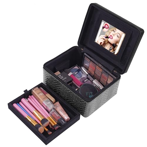 Hard Craft Large Capacity Cosmetic Bags for Womens Girls Bride Multi Functional Beauty Case Wedding Makeup Jewelery Bridal Box Leather Storage Organizer Bag for Home Travel with Mirror (Royal Black) - Image 3