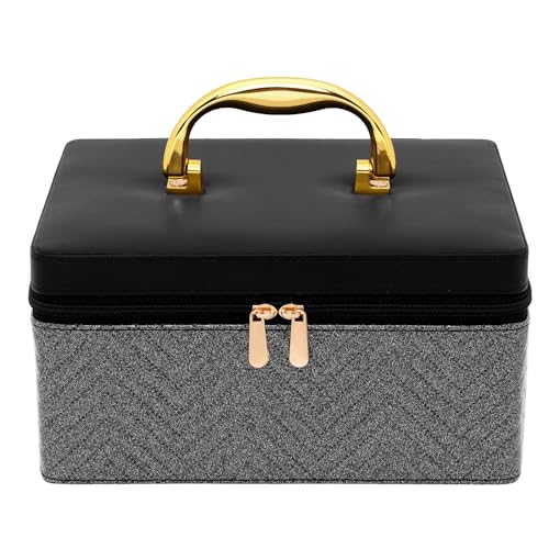 Hard Craft Large Capacity Cosmetic Bags for Womens Girls Bride Multi Functional Beauty Case Wedding Makeup Jewelery Bridal Box Leather Storage Organizer Bag for Home Travel with Mirror (Royal Black) - Image 5