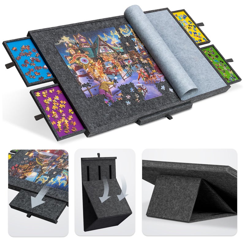 Tektalk Jigsaw Puzzle Table with Integrated Adjustable Stand/Bracket, 3-Tilting-Angle Super Lightweight Felt Puzzle Plateau Board with Cover & 4 Sorting Drawers (Gray, for Up to 1500 Pieces) - Image 1