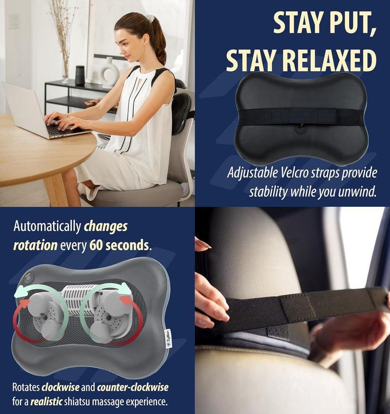 Zyllion Shiatsu Back and Neck Massager with Heat  Cordless Rechargeable 3D Electric Kneading Deep Tissue Massage Pillow for Muscle Pain Relief Black ZMA13RB - Image 4