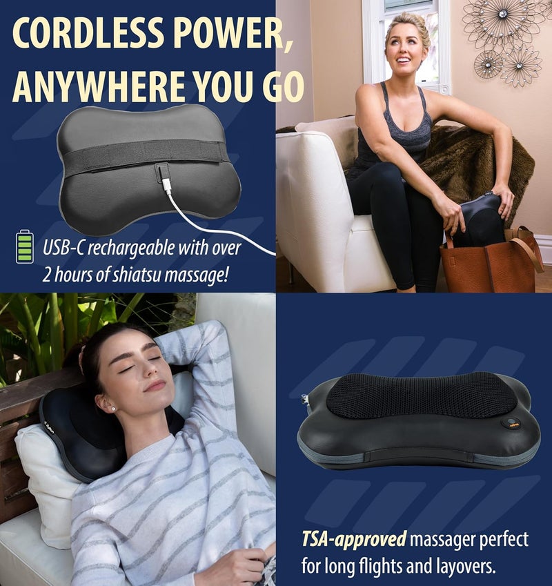 Zyllion Shiatsu Back and Neck Massager with Heat  Cordless Rechargeable 3D Electric Kneading Deep Tissue Massage Pillow for Muscle Pain Relief Black ZMA13RB - Image 3