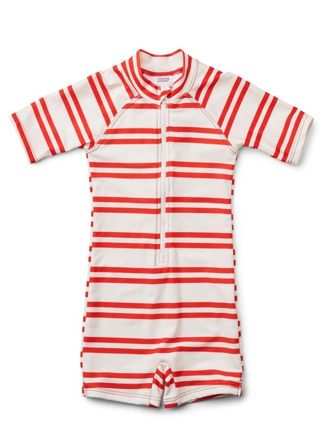 LDIOIF Baby Boys & Girls One Piece Bathing Suit Zipper Swimwear Short Sleeve Rash Guard Quick Dry Red Stripe Swimsuit 9-12 Mo - Image 1
