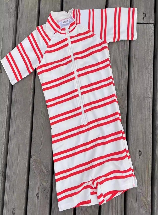 LDIOIF Baby Boys & Girls One Piece Bathing Suit Zipper Swimwear Short Sleeve Rash Guard Quick Dry Red Stripe Swimsuit 9-12 Mo - Image 3