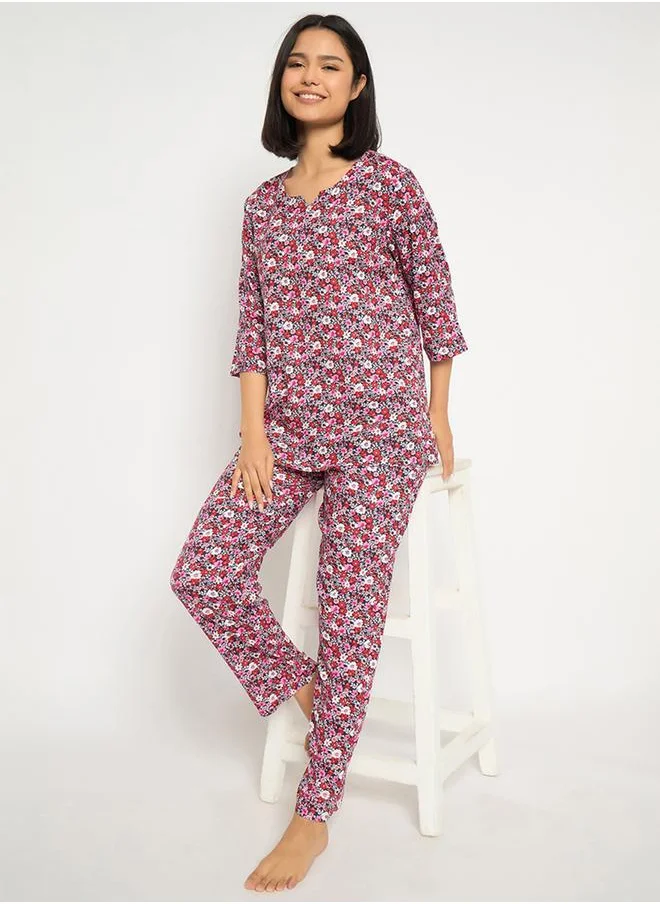 Clovia Clovia Floral Print Notch Neck Top and Pyjama Set