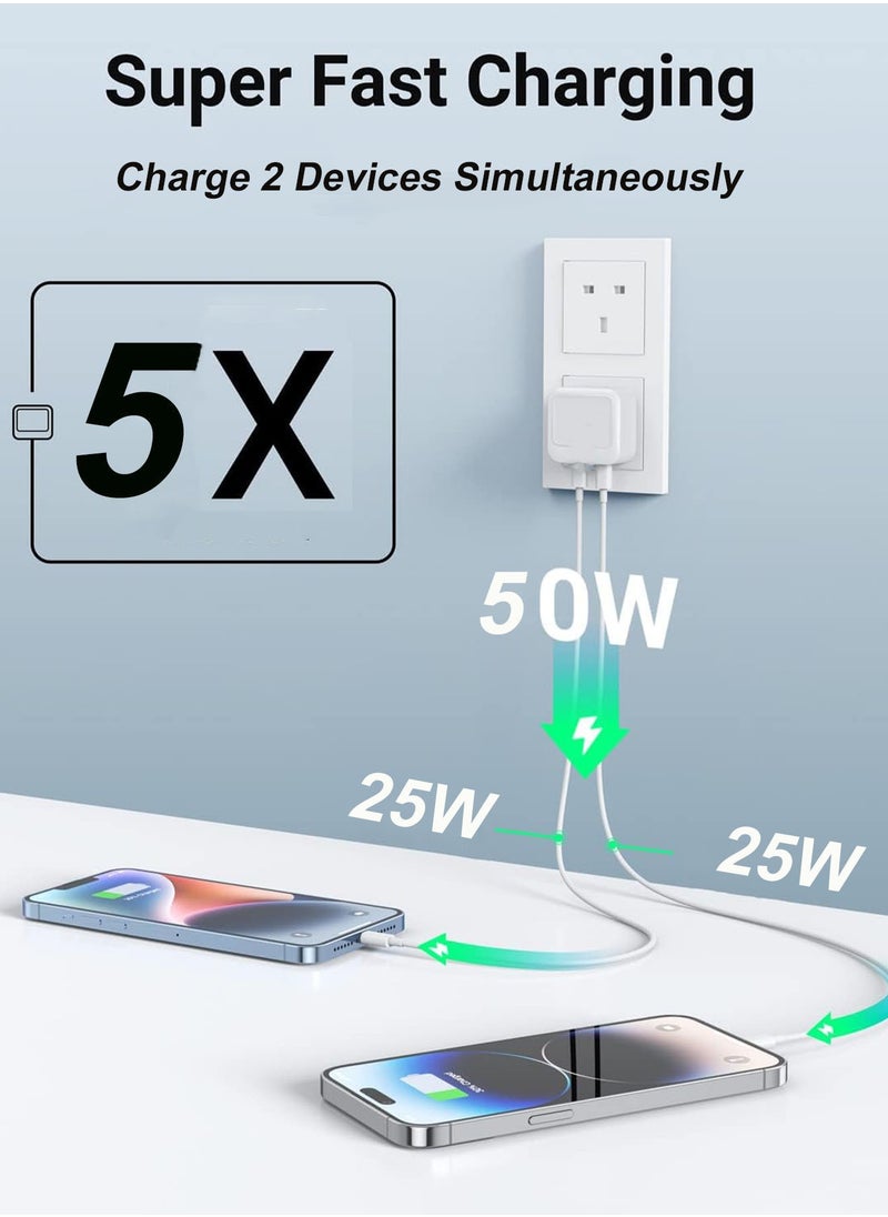 CubeG 50W for iPhone Charger Dual Type C Port with 1M Fast Lightning Cable Quick Charging USB C Plug Compatible with New iPhone 14/14Pro/14Pro Max/14 Plus/13Pro Max /13 Pro/13/12/11/XS iPad Mini 6/ iPad Pro Ect White  - Image 2