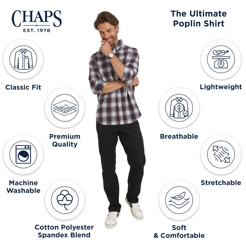 Chaps Men's Classic Fit Long Sleeve Button Down Stretch Poplin Casual Shirt, Rhubarb, Large - Image 4