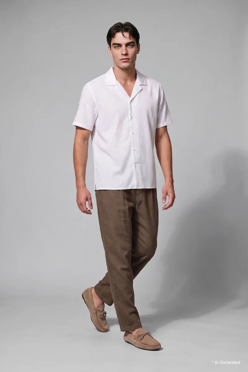 Defacto Regular Fit White Short Sleeve Linen-Blend Shirt