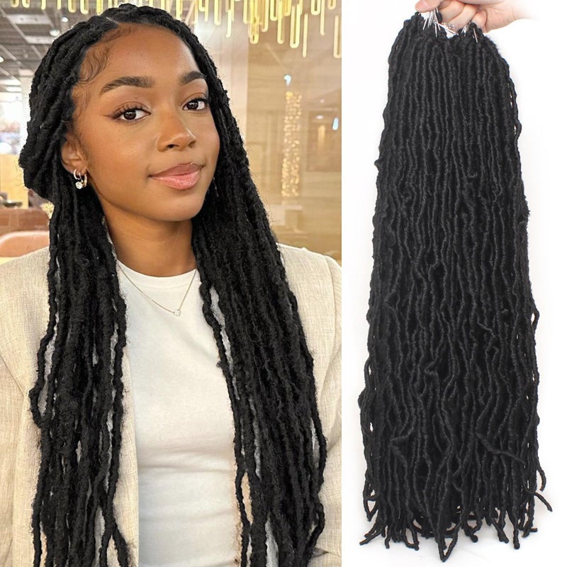 Leeven New Soft Faux Locs Crochet Braids Hair 24 Inch Long Distressed Goddess Locs 6 Packs Natural Black Pre Looped Messy Butterfly Locs Curly Wavy Synthetic Hair Extensions for Women 1B