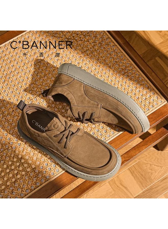 Qianbodu First Layer Cowhide New Men's Soft Sole Derby Casual Leather Shoes Vintage Brown Size 44