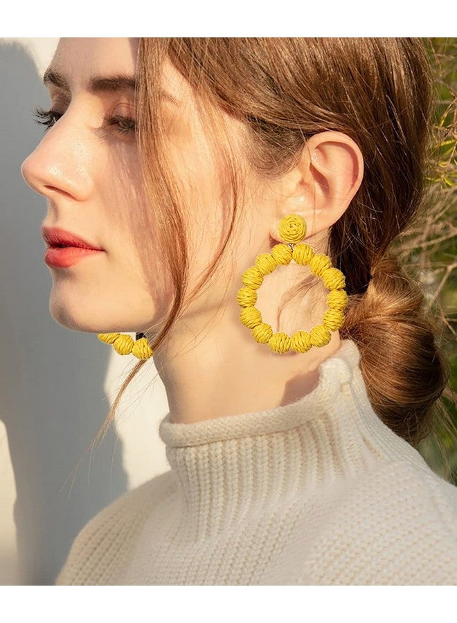 CEALXHENY Rattan Earrings Rattan Ball Hoop Dangle Earrings For Women Handmade Bohemia Earrings Braid Straw Wicker Raffia Earrings Summer Beach Accessory Gifts (Yellow) - Image 2