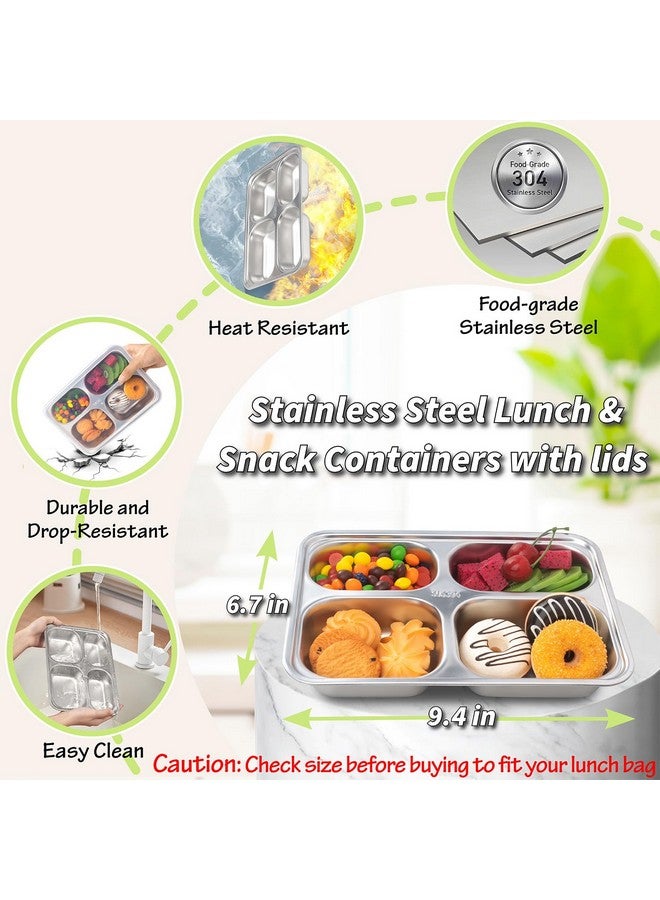 KTKUDY Stainless Steel Snack Containers with Lids - 3 Pack - 4 Compartments Bento Snack Boxes - Reusable Meal Prep Lunch Containers for Kids Adults - Divided Food Storage Containers for School Home Travel - Image 2