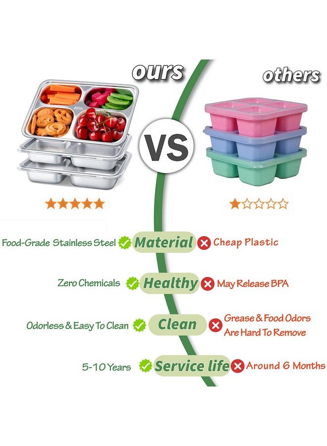 KTKUDY Stainless Steel Snack Containers with Lids - 3 Pack - 4 Compartments Bento Snack Boxes - Reusable Meal Prep Lunch Containers for Kids Adults - Divided Food Storage Containers for School Home Travel - Image 3