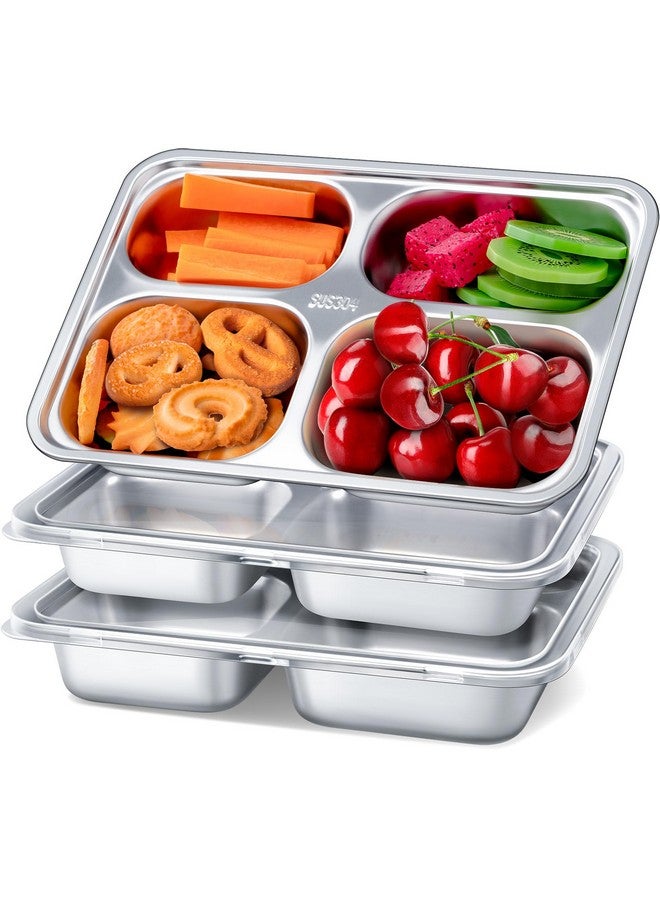 KTKUDY Stainless Steel Snack Containers with Lids - 3 Pack - 4 Compartments Bento Snack Boxes - Reusable Meal Prep Lunch Containers for Kids Adults - Divided Food Storage Containers for School Home Travel - Image 1