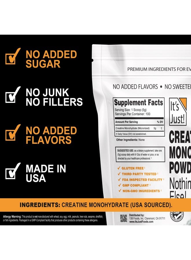 It's Just! - Creatine Monohydrate Powder, Pure Creatine Powder, Made in USA, 3rd Party Lab Tested, 5g Per Serving, Scoop Included, No Fillers, No Added Flavor (Unflavored, 500g / 100 Servings) - Image 2