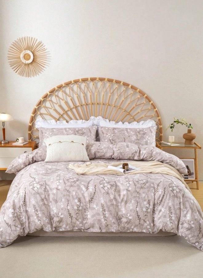 LUNA Home King size 6 pieces bedding set, featuring a beautiful beige color with white floral design. - Image 1