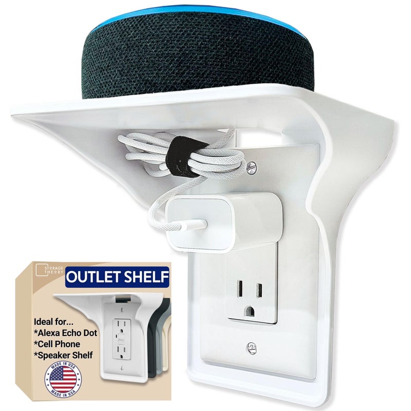 BeraTek Industries Storage Theory Power Perch Outlet Shelf with Cord Storage Strap  Echo Dot Holder Speaker Shelves  Small Shelf for Bathroom Dorm Decor for College  Easy Installation 1Pack White 