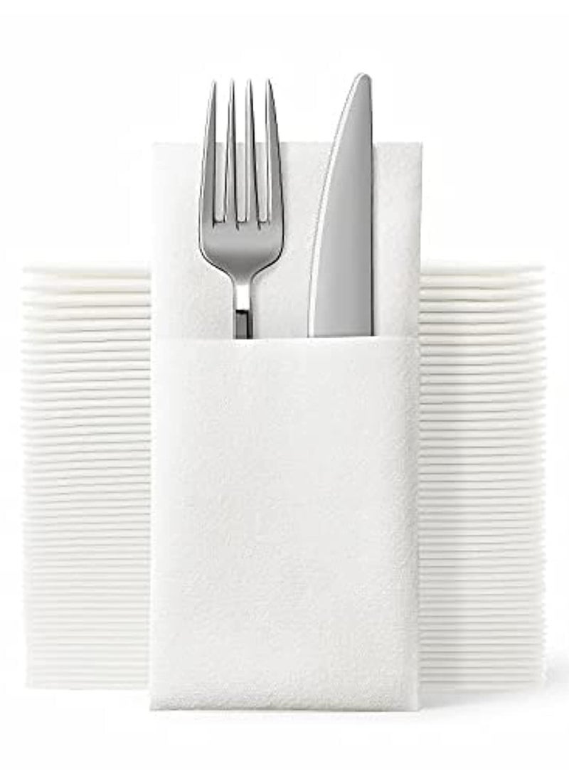 XiuWoo 100 pack Disposable Cloth Like Napkins, Built-in Flatware Pocket, Wedding Party Linen Feel White Napkin, Prefolded for Silverware, white - Image 1
