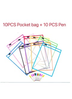 OASIS-TH Dry-Erase Pockets, Clear Reusable Plastic Sleeves Assorted Colors Special Design Waterproof Pocket for School, Office,  and More 10 PCS Pockets and 10 PCS Pens  - Image 1
