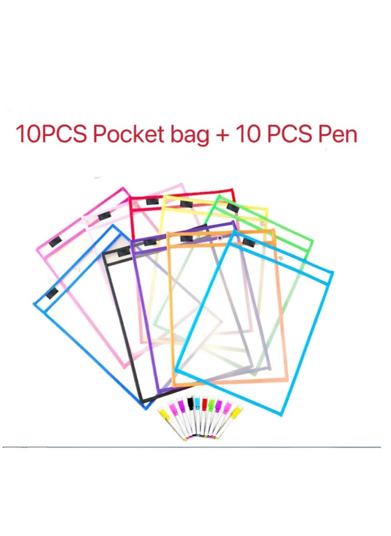 OASIS-TH Dry-Erase Pockets, Clear Reusable Plastic Sleeves Assorted Colors Special Design Waterproof Pocket for School, Office,  and More 10 PCS Pockets and 10 PCS Pens  - Image 1