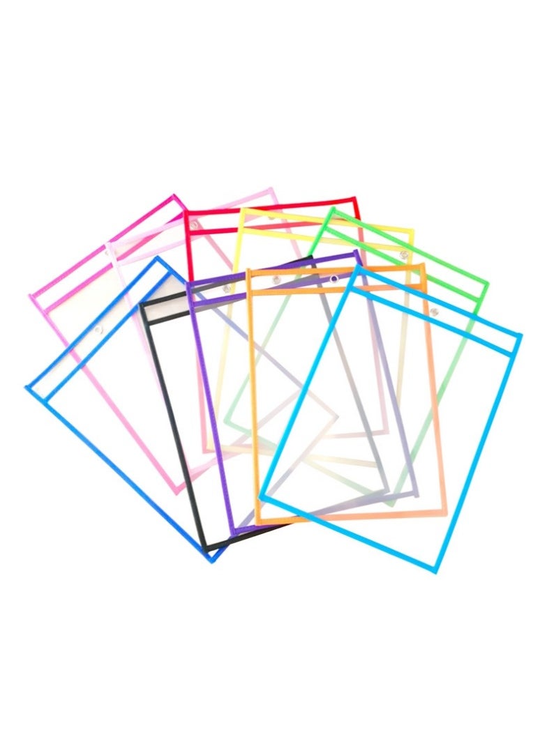 OASIS-TH Dry-Erase Pockets, Clear Reusable Plastic Sleeves Assorted Colors Special Design Waterproof Pocket for School, Office,  and More 10 PCS Pockets and 10 PCS Pens  - Image 2