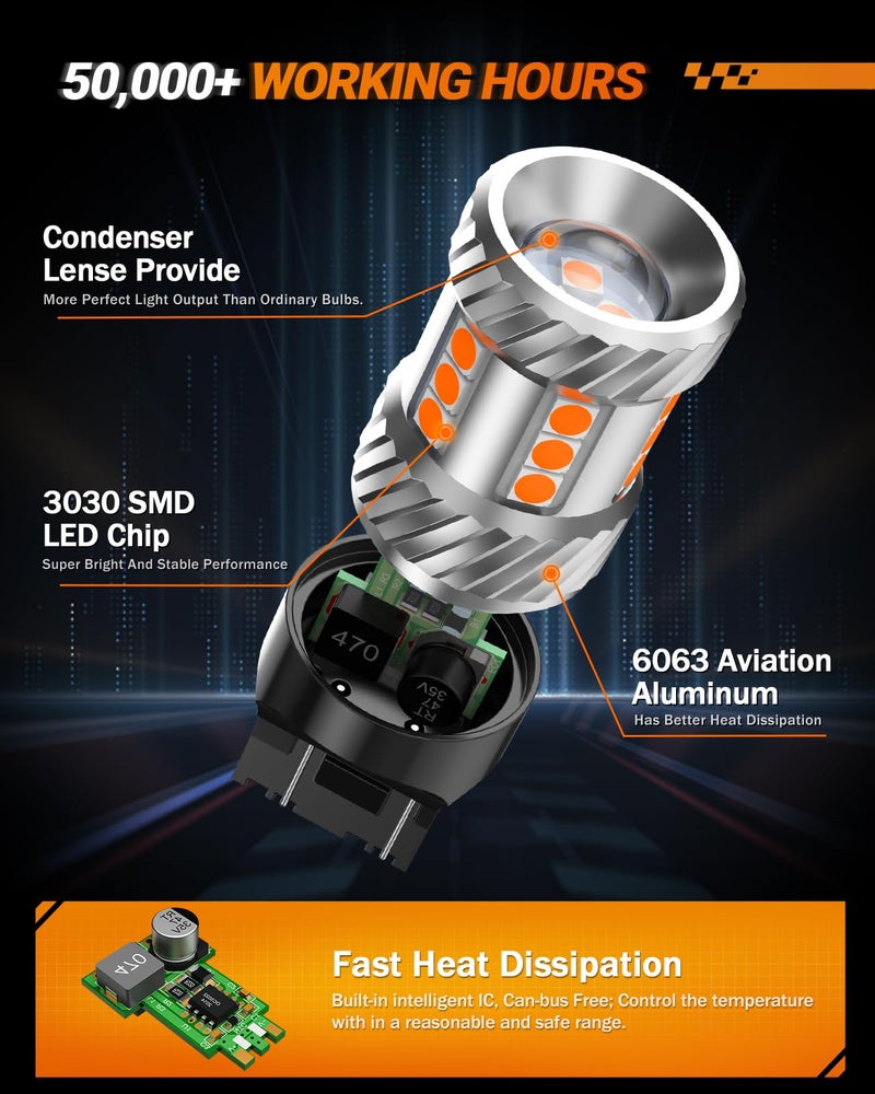 SEALIGHT مصباح LED SEALIGHT 7443 إشارة انعطاف 7444NA 7441 7444 T20 W21W، مصابيح LED صفراء كهرمانية 2700K للإشارة الأمامية/الخلفية، عبوة من 2 - Image 5