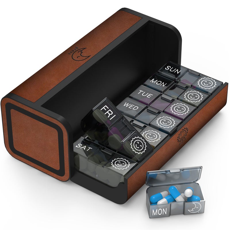TALVOLC M Pill Organizer 2 Times a Day, Am Pm Twice Daily Pill Case, Detachable Large Travel Pill Box 7 Day, Weekly Pill Container for Vitamin Medicine Supplement Fish Oil (Brown) - Image 1