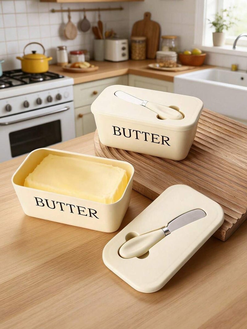 Shein Stainless Steel Butter Dish with Knife, Cheese Box with Lid, Cheese Slicer, Refrigerator Food Container for Home Kitchen, Outdoor Picnic & Camping - White - Image 1