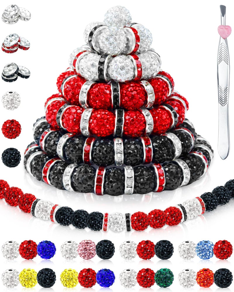 FIVEIZERO 180PCS FIVEIZERO 10mm Rhinestone Beads for Jewelry Making â€“ Sparkly Round Crystal Clay Beads & Spacers in Baseball Team Colors for Bracelets, Necklaces & DIY Crafts (Black, White, Red) - Image 1
