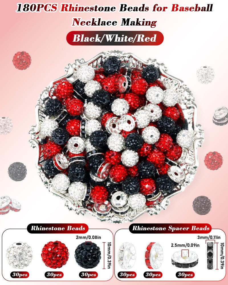 FIVEIZERO 180PCS FIVEIZERO 10mm Rhinestone Beads for Jewelry Making â€“ Sparkly Round Crystal Clay Beads & Spacers in Baseball Team Colors for Bracelets, Necklaces & DIY Crafts (Black, White, Red) - Image 2